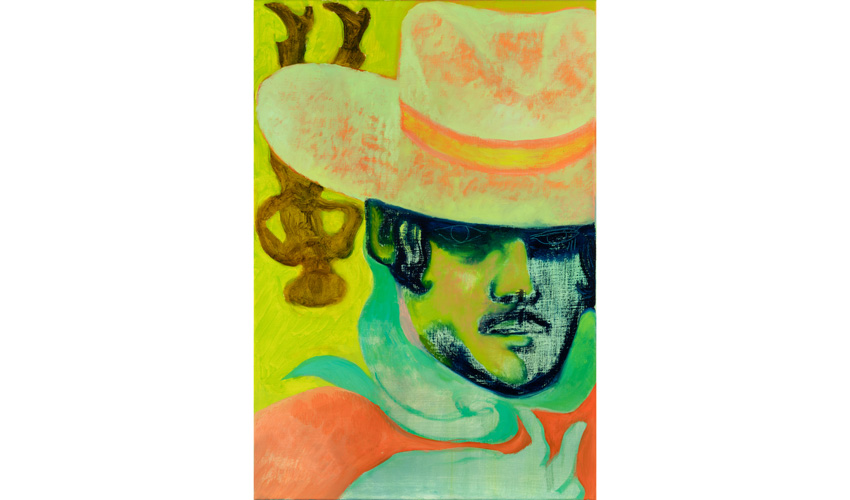 Painting of cowboy figure in a hat with bandana in foreground on yellow green background 