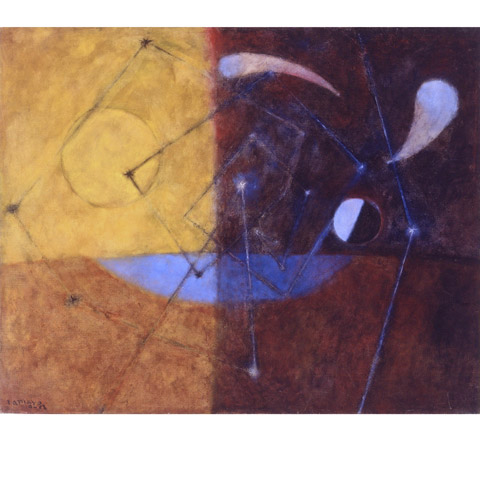 abstract painting with various shapes of blues in the foreground and a background of warm colors, on the left yellows and oranges and the right reds