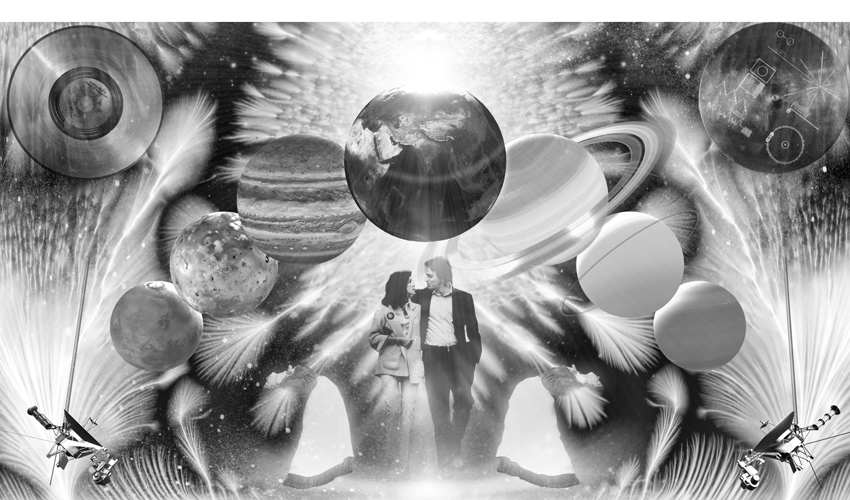 black and white still from the artist dario robleto's work the Signal featuring celestial objects and a couple in the center