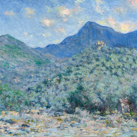 impressionist painting of a landscape with mountains in a cool palette of blues and greens