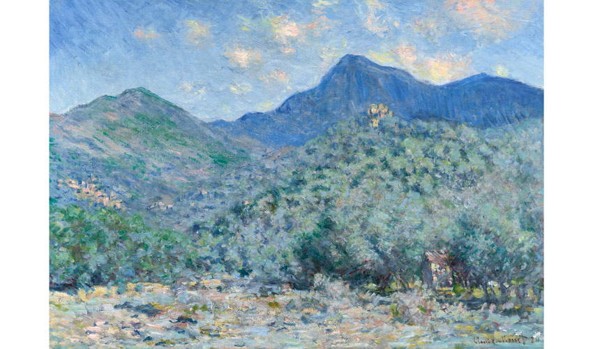 impressionist painting of a landscape with mountains in a cool palette of blues and greens
