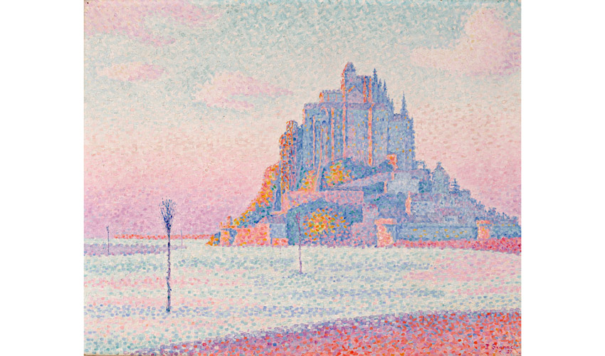 impressionist painting of the Mont Saint-Michel at sunset in a warm palette of pinks, oranges, and blues