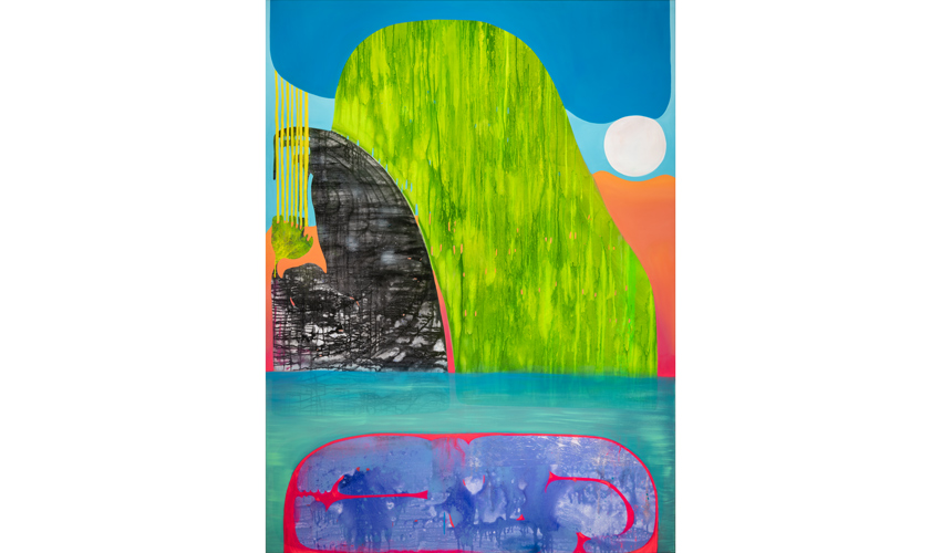 abstract painting evoking a landscape with a bright palette including blues, greens, and purples