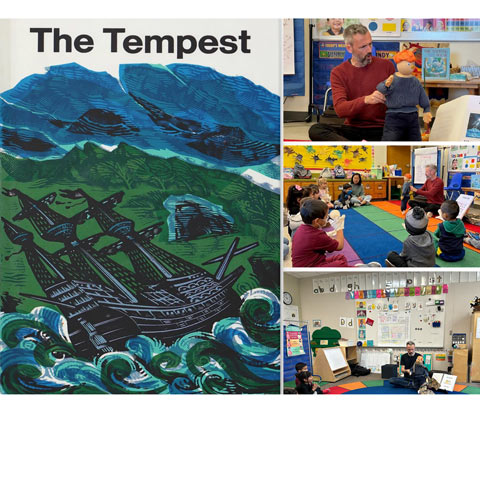 composite of the cover of the Tempest by Shakespeare on the left and three small photos to the right of an instructor with a puppet in a class room of kids 