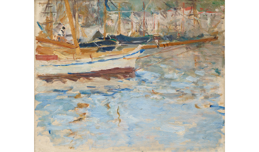 painting of a sparse harbor scene with a sailboat in the top left and a foreground of reflective water