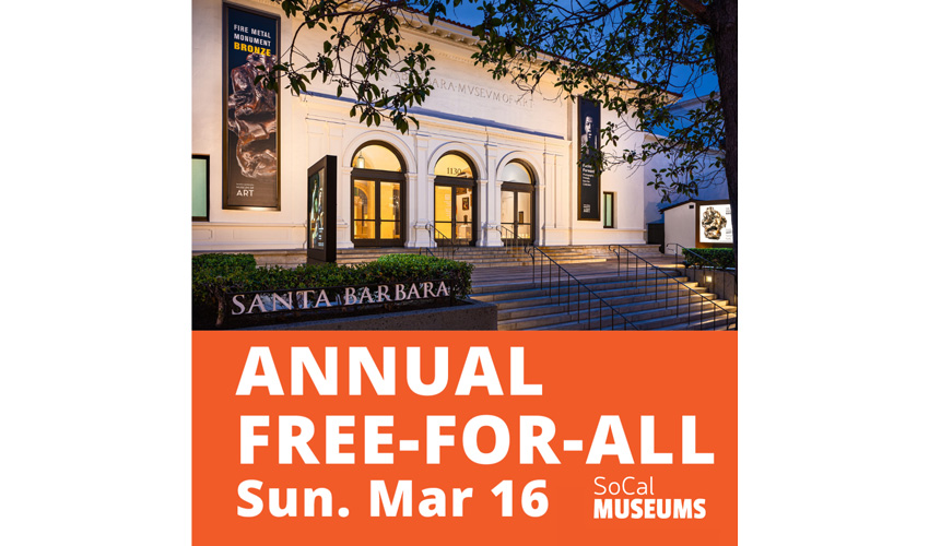 Front of the museum at night with graphic promoting Annual Free For All Sun March 16 SoCal Museums