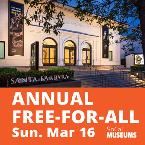 Front of the museum at night with graphic promoting Annual Free For All Sun March 16 SoCal Museums