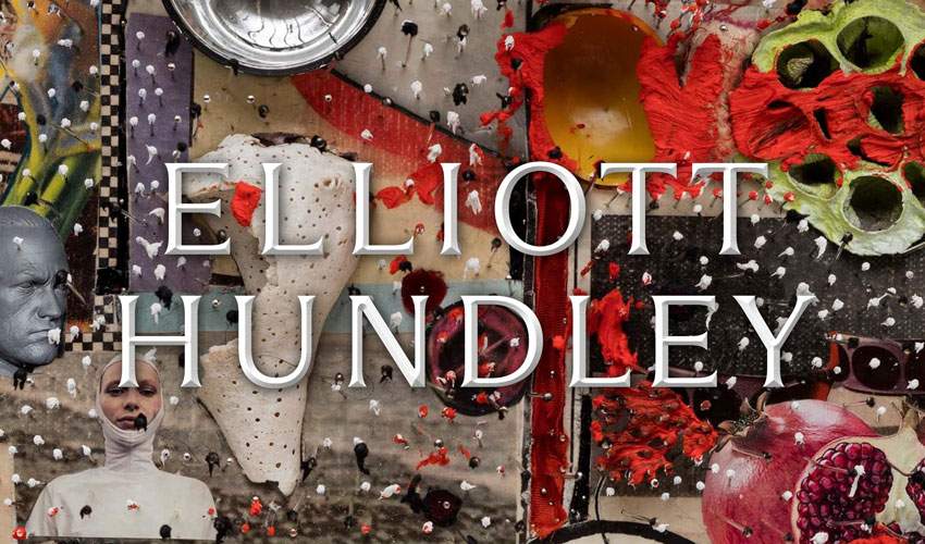 detail of an artwork by elliott hundley with their name in a bold font overlaid on top