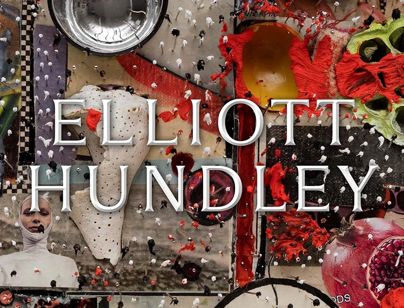 detail of an artwork by elliott hundley with their name and the logo of the museum in a bold font overlaid on top