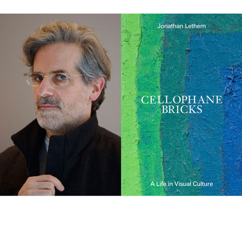 diptych featuring a portrait of the artist in a dark coat staring into the camera on the left and a cover of the featured book on the right