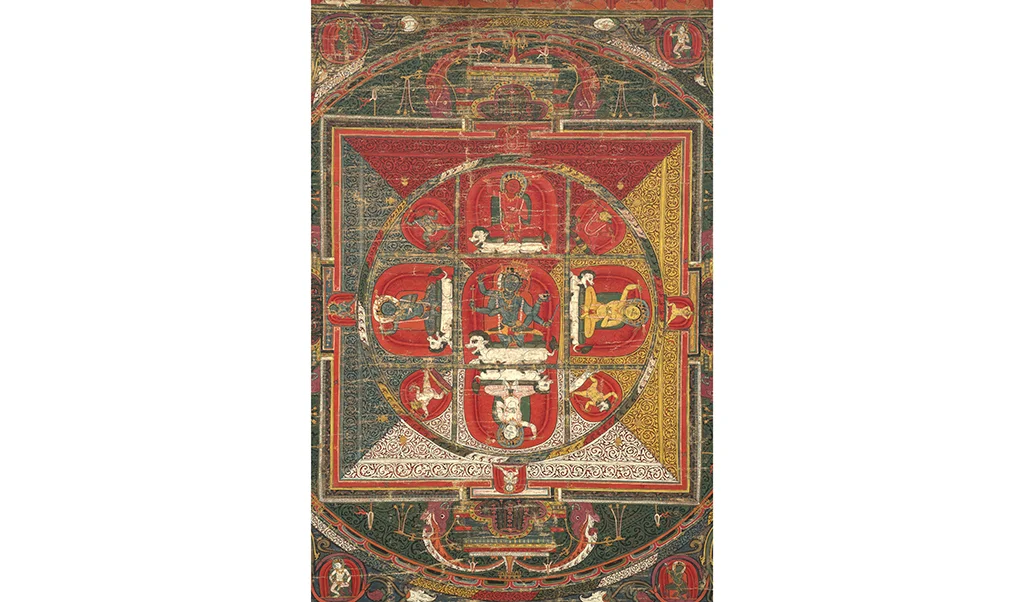 detail of opaque watercolor on cotton of a Tibetan mandala of a goddess