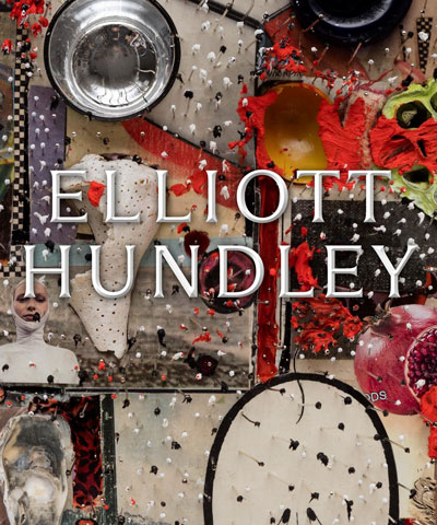 detail of an artwork by elliott hundley with their name in a bold font overlaid on top