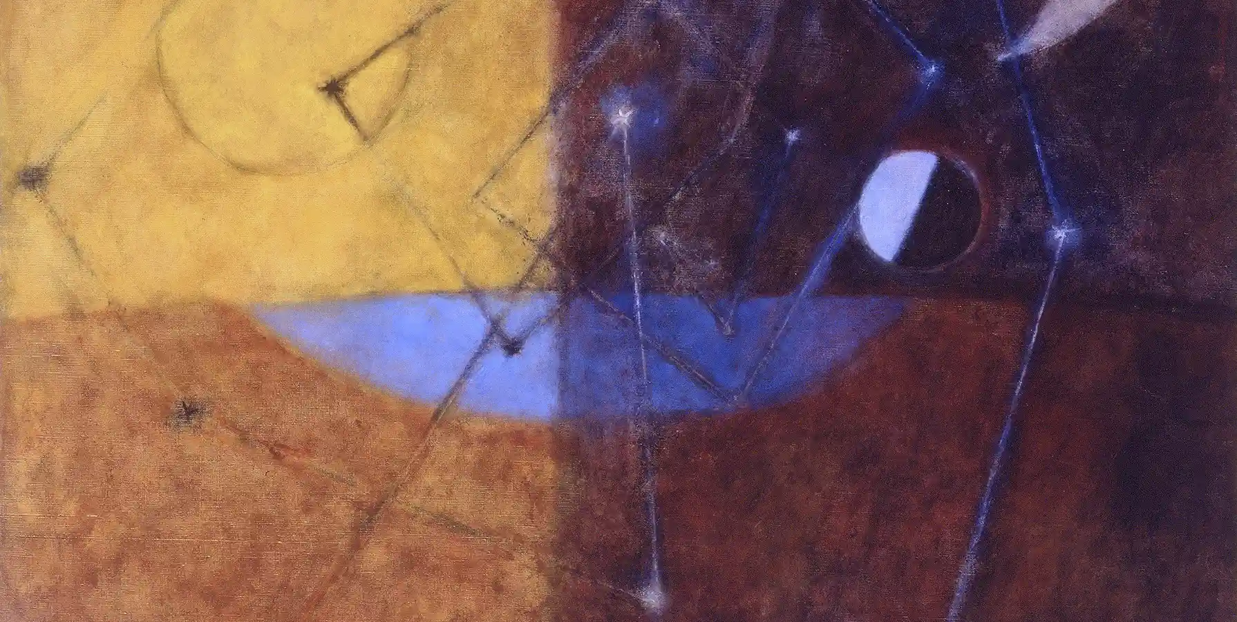 abstract painting with various shapes of blues in the foreground and a background of warm colors, on the left yellows and oranges and the right reds
