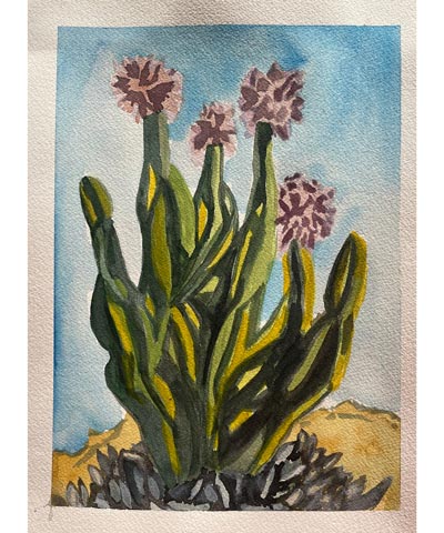 print of a cactus with blossoms on top against a blue backdrop