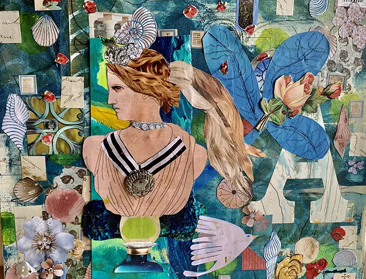 collage and assemblage featuring a profile of a woman