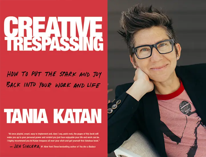 photo of the author leaning against a chair with an image of their book Creative Trespassing on the left