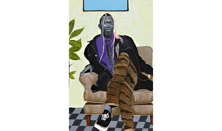 portrait of a person sitting on a couch against a yellow wall with a window, staring at the viewer