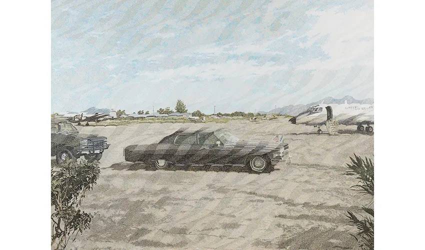 oil on canvas of faded scene of a car on a tarmac with a plane in the background