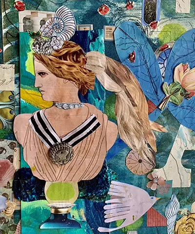 collage and assemblage featuring a profile of a woman