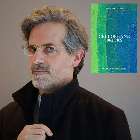portrait of the author in a dark coat staring into the camera on the left and the cover of the featured book inlayed on the right