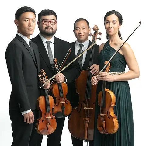 quartet and their instruments dressed in formal attire