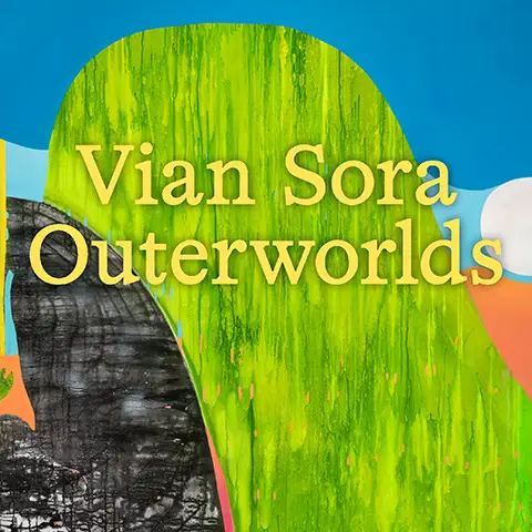 abstract painting evoking a landscape with a bright palette including blues, greens, and purples with the text Vian Sora Outerworlds overlayed