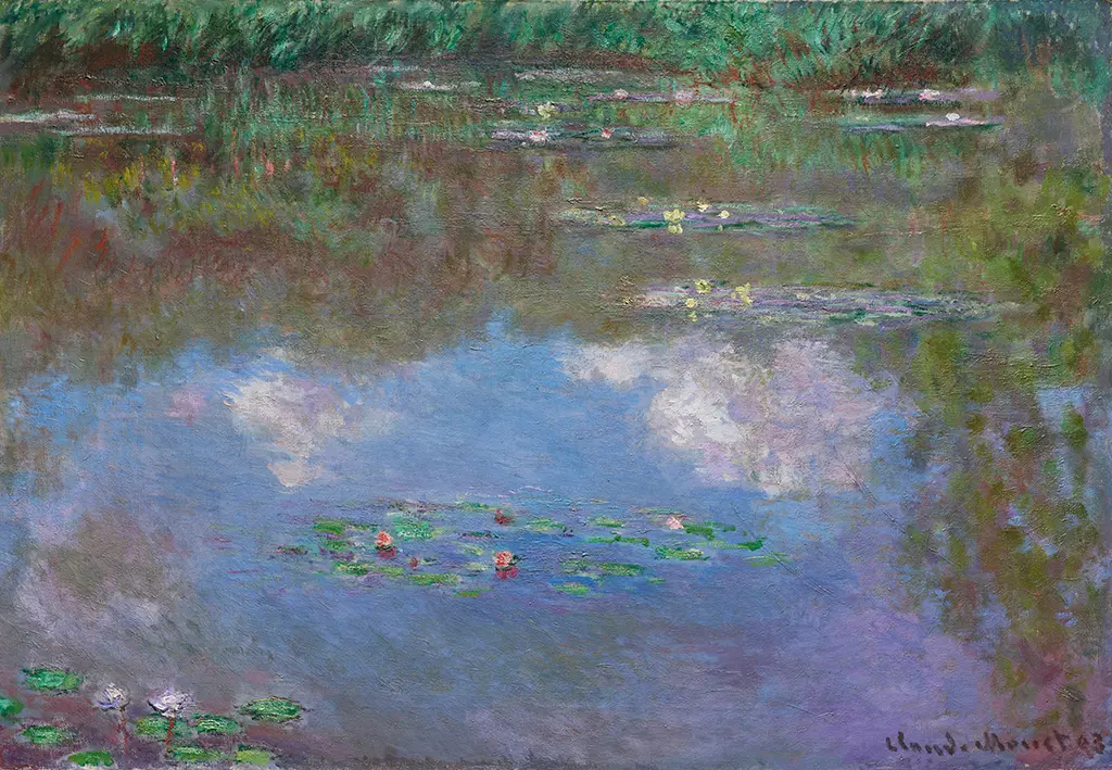 oil painting of pond with water lilies reflecting the sky