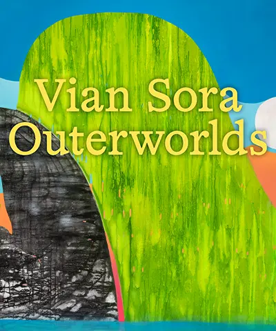 abstract painting evoking a landscape with a bright palette including blues, greens, and purples with the text Vian Sora Outerworlds overlayed