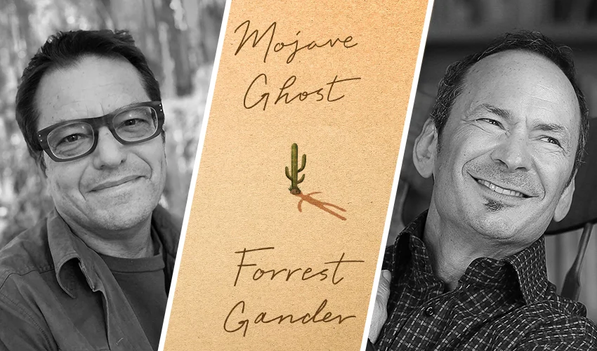triptych of event speakers flanking the cover of Mojave Ghost by Forrest Gander