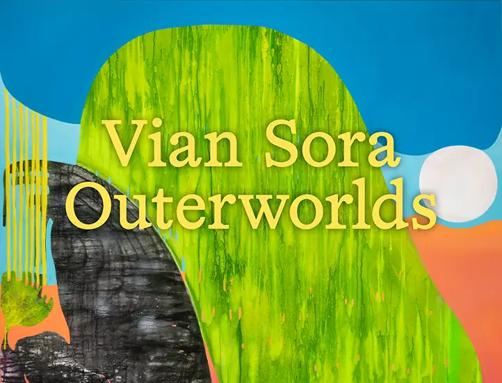 abstract painting evoking a landscape with a bright palette including blues, greens, and purples with the text Vian Sora Outerworlds overlayed