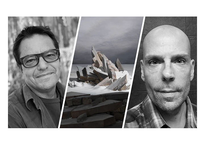 triptych of the event speakers flanking a Casebere painting