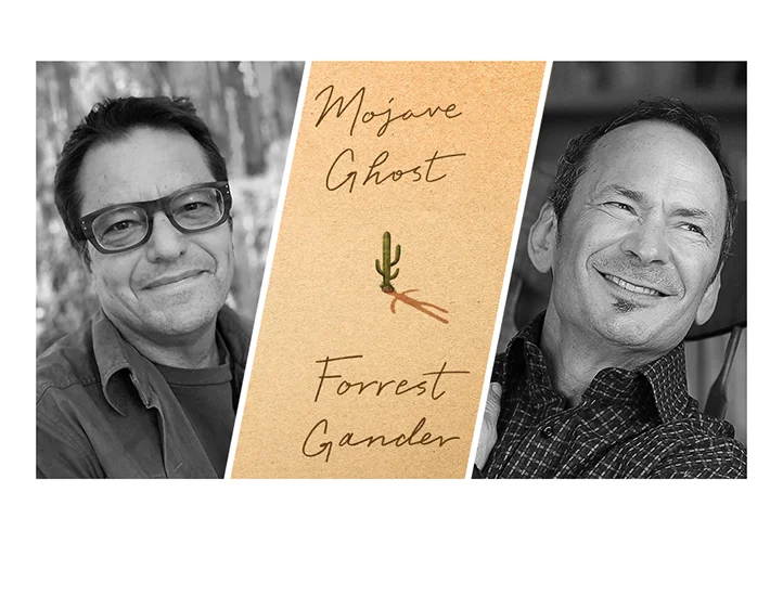 triptych of event speakers flanking the cover of Mojave Ghost by Forrest Gander