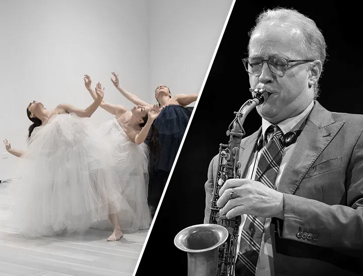 diptych of dancers and sax player