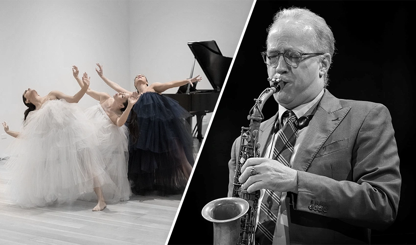 diptych of dancers and sax player