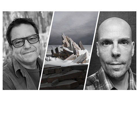 triptych of event speakers flanking a Casebere painting