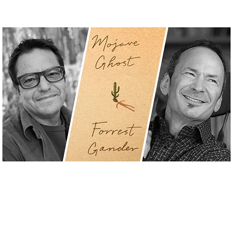 triptych of event speakers flanking the cover of Mojave Ghost by Forrest Gander