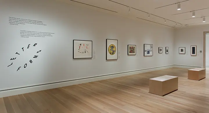 photo of gallery interior showing works on paper and a text label with exhibition title on the left