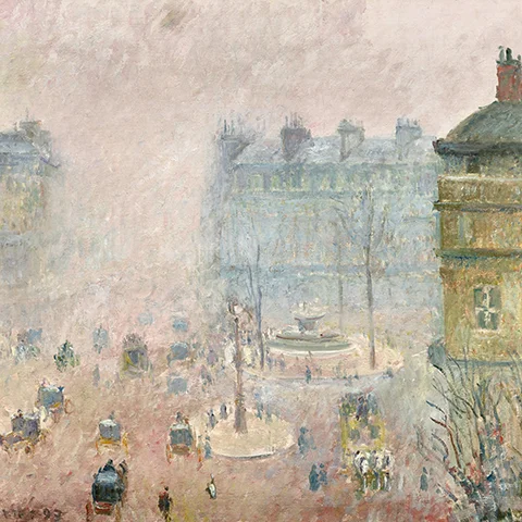 impressionist painting of street scene with pinks and yellows