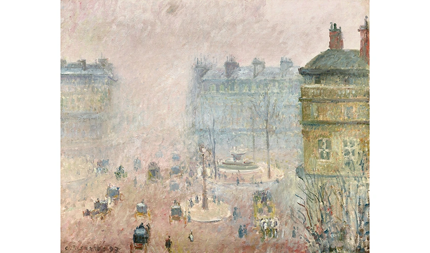 impressionist painting of street scene with pinks and yellows