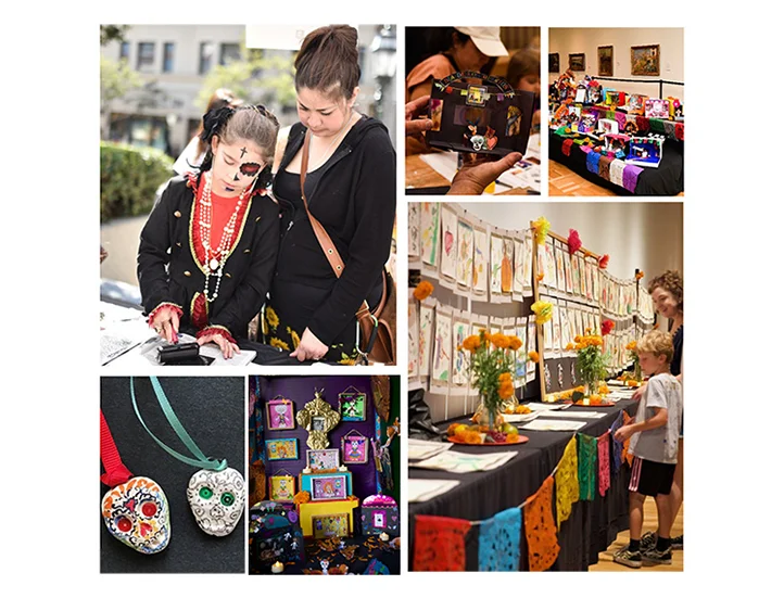 collage of photographs showing Día de los Muertos festivities imagery including people in sugar skull makeup, dancers, and sugar skull jewelry 
