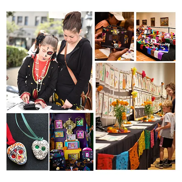collage of photographs showing Día de los Muertos festivities imagery including people in sugar skull makeup, dancers, and sugar skull jewelry 