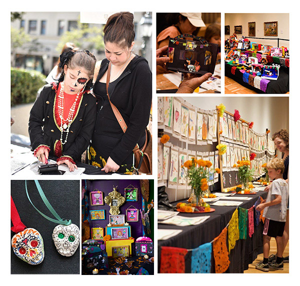 collage of photographs showing Día de los Muertos festivities imagery including people in sugar skull makeup, dancers, and sugar skull jewelry 