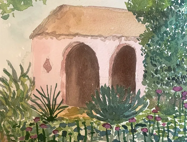 colorful rendering of a building surrounded by plants
