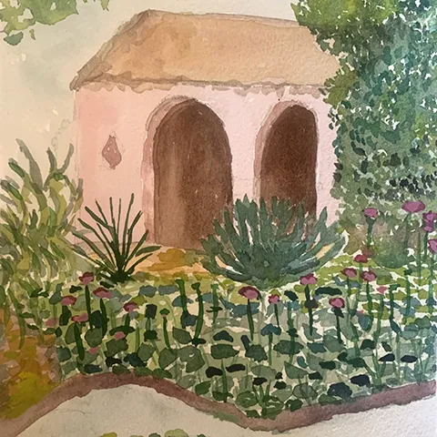 colorful rendering of a building surrounded by plants