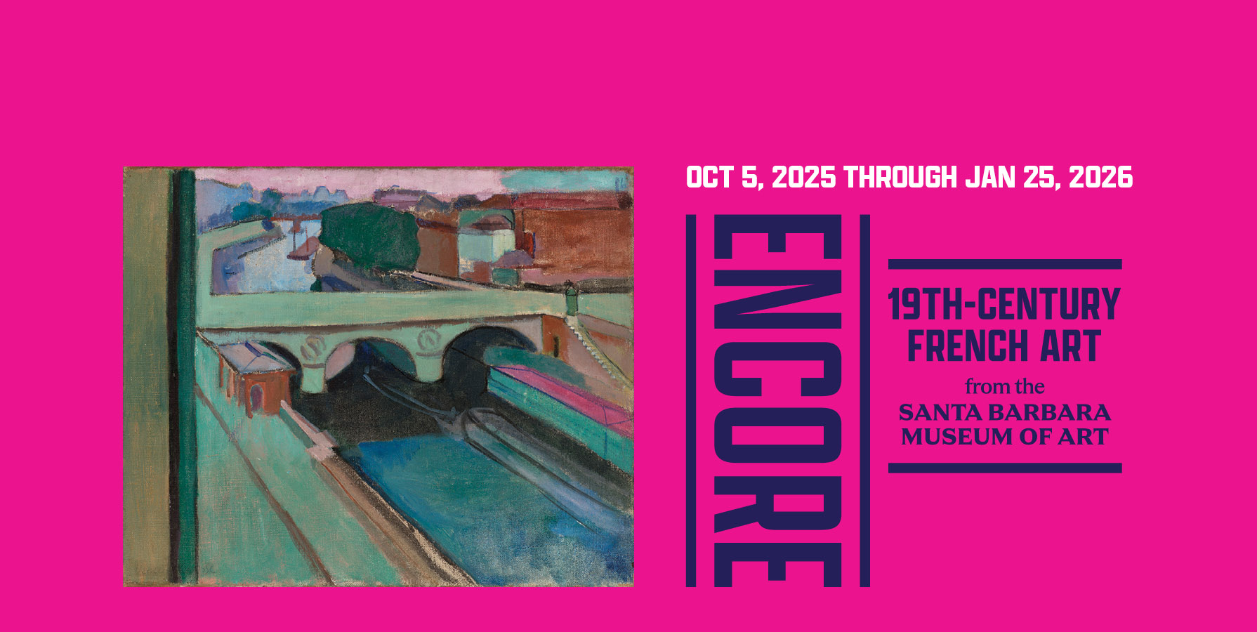 graphic design advertising Encore exhibition with indigo text on magenta background with a Matisse painting on the right of the frame