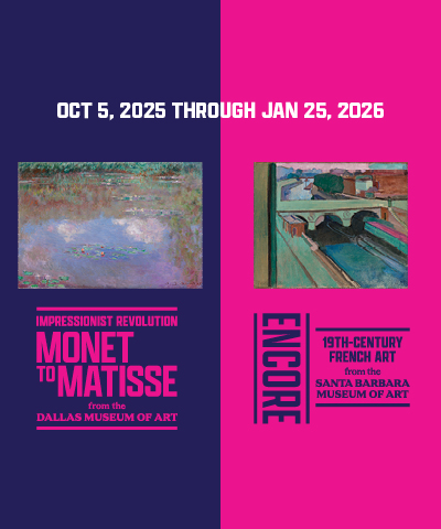 graphic design showcasing the Impressionist Revolution and Encore exhibitions with a magenta and indigo palette and thumbnails of Monet and Matisse