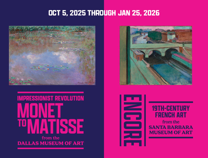 graphic design showcasing the Impressionist Revolution and Encore exhibitions with a magenta and indigo palette and thumbnails of Monet and Matisse