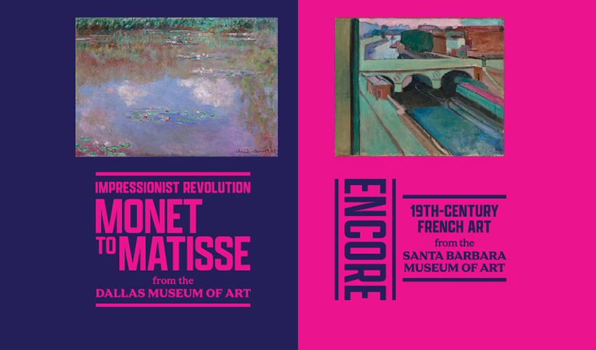 Pink and purple graphic featuring the titles of two exhibitions, alongside paintings by Monet and Matisse.