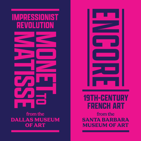 Pink and purple graphic featuring the titles of two exhibitions