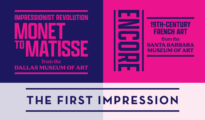 indigo and magenta split graphic promoting the first impression event